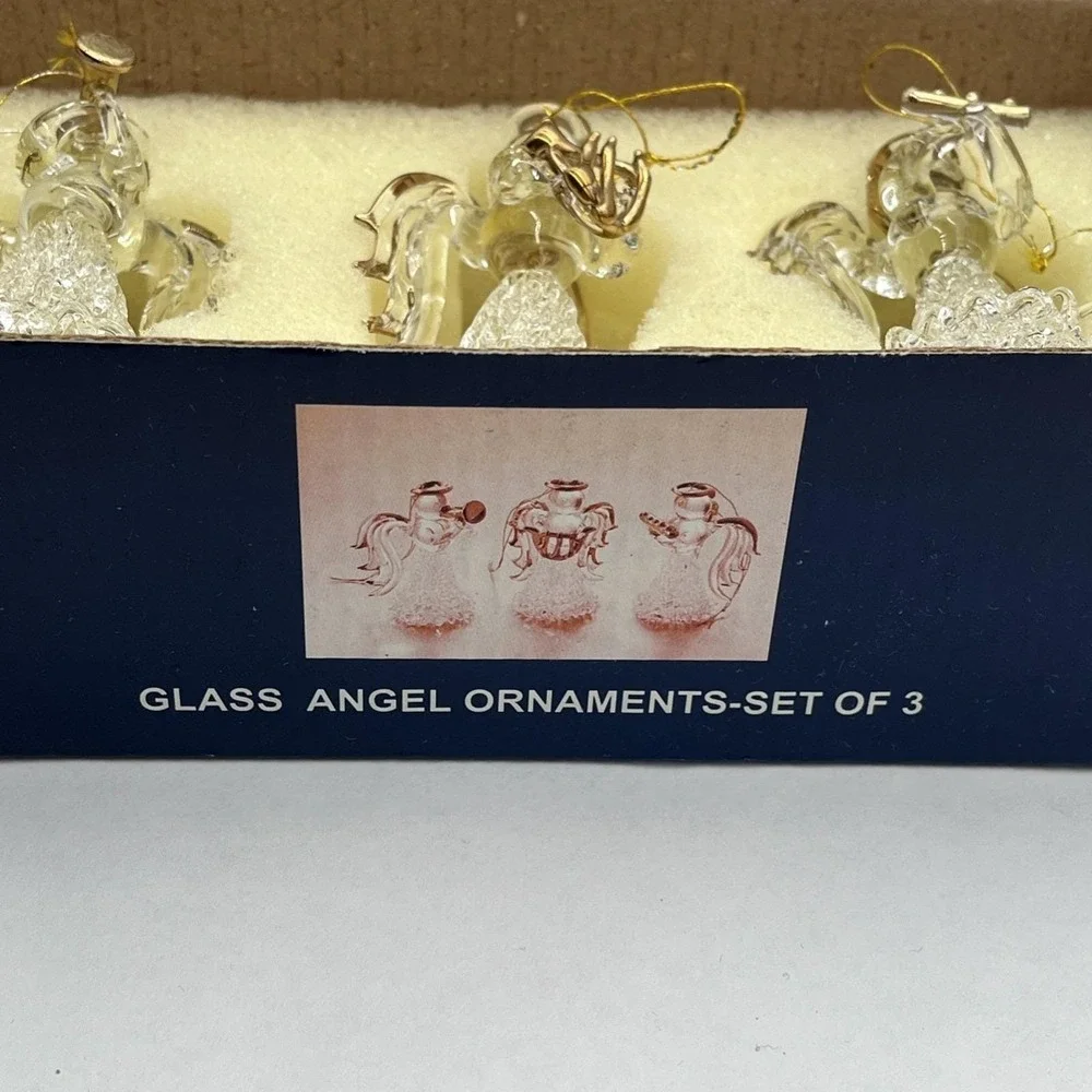 New in Box VTG Hand Blown Spun Glass Angel Christmas Ornaments Gold Trim